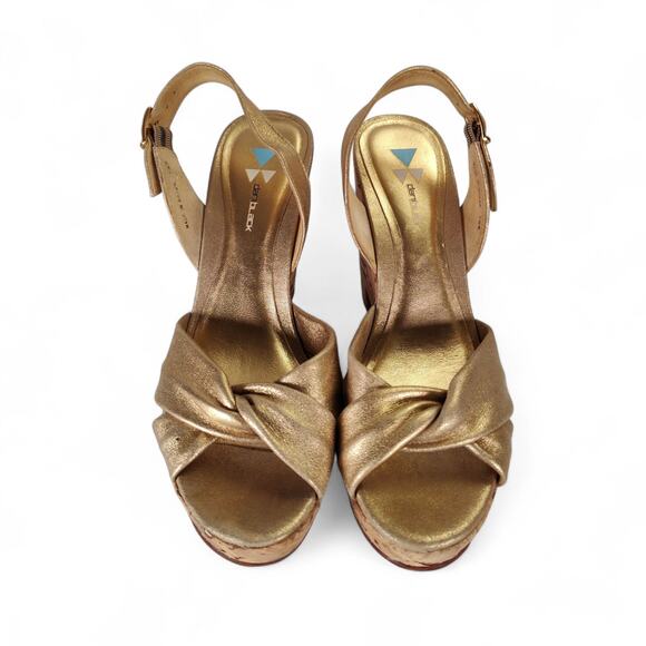 Dani Black Gold Leather Cork Platform Wedge Sandals 7.5M Made in Brazil - Picture 7 of 14